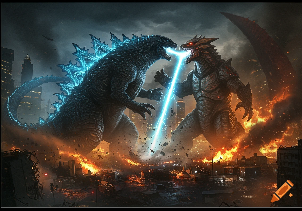 Two giant monsters, one resembling Godzilla, battle with an energy beam amidst a burning, ruined city under a stormy sky.