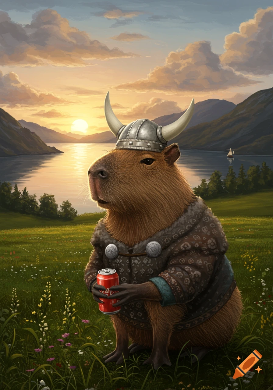 A capybara wearing a Viking helmet sits in a grassy field by a lake at sunset, holding a red soda can.