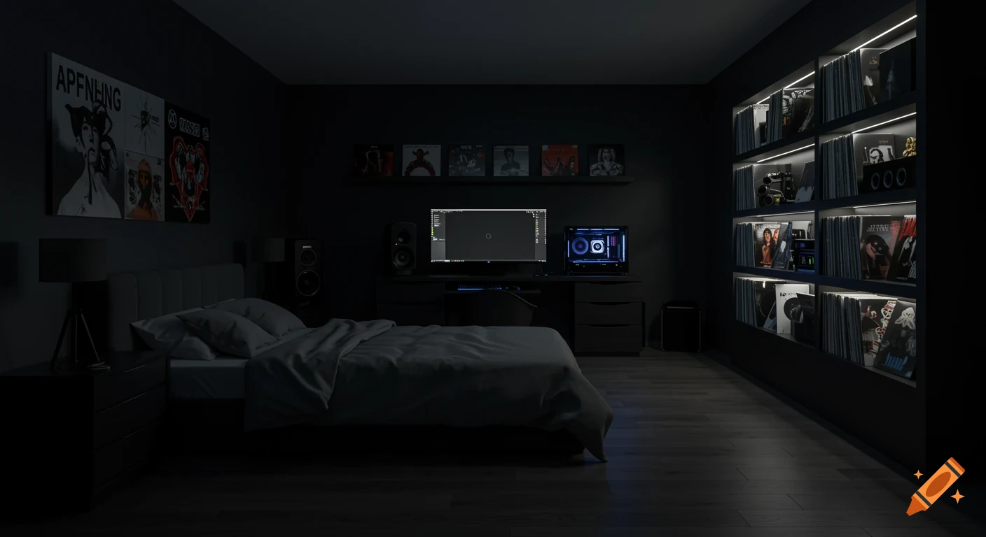 A dark bedroom with a bed, a desk with a gaming setup, and wall-mounted shelves filled with music albums.