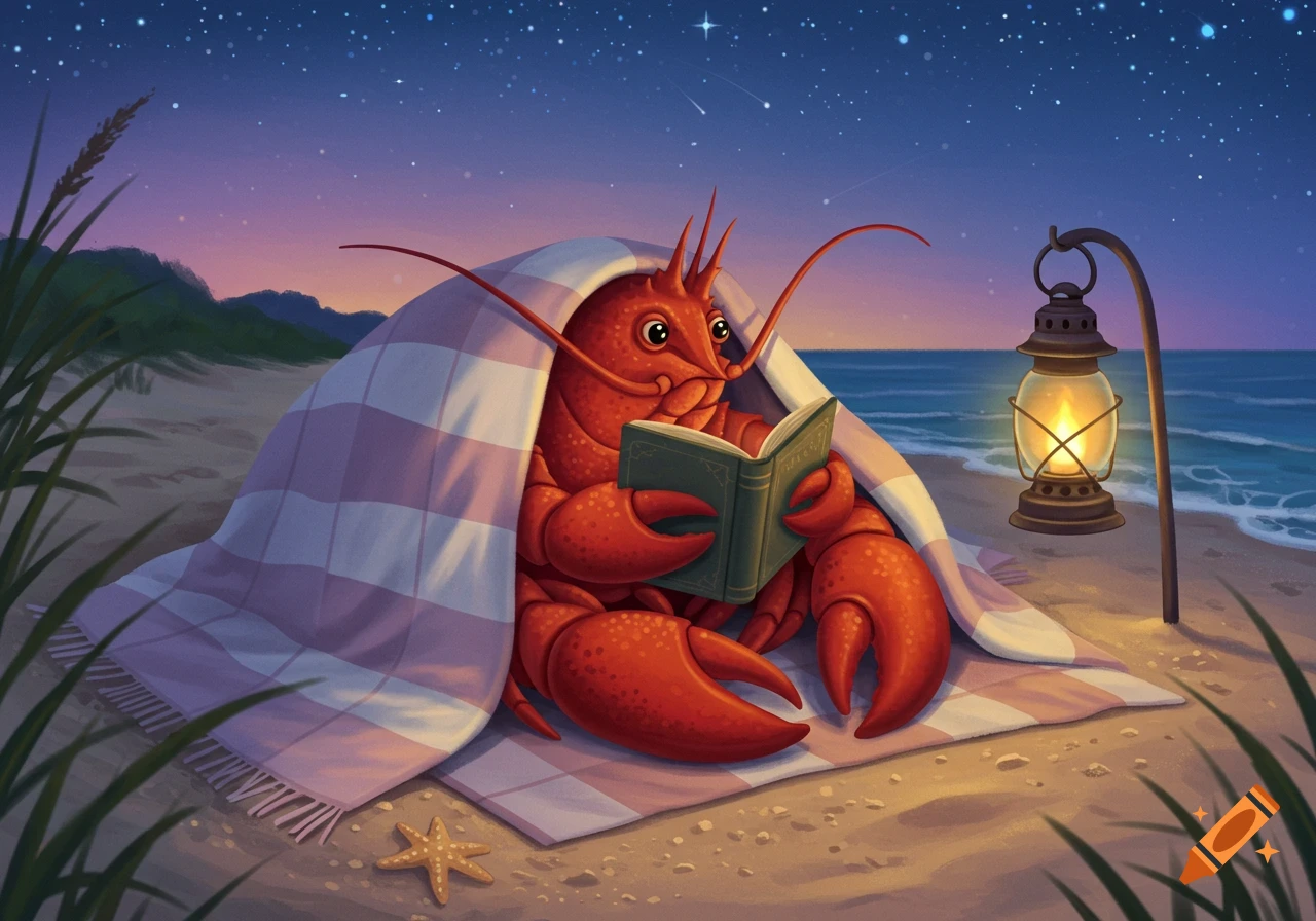 A cute red cartoon lobster reads a book under a striped blanket on a sandy beach at night, with a glowing lantern and stars.