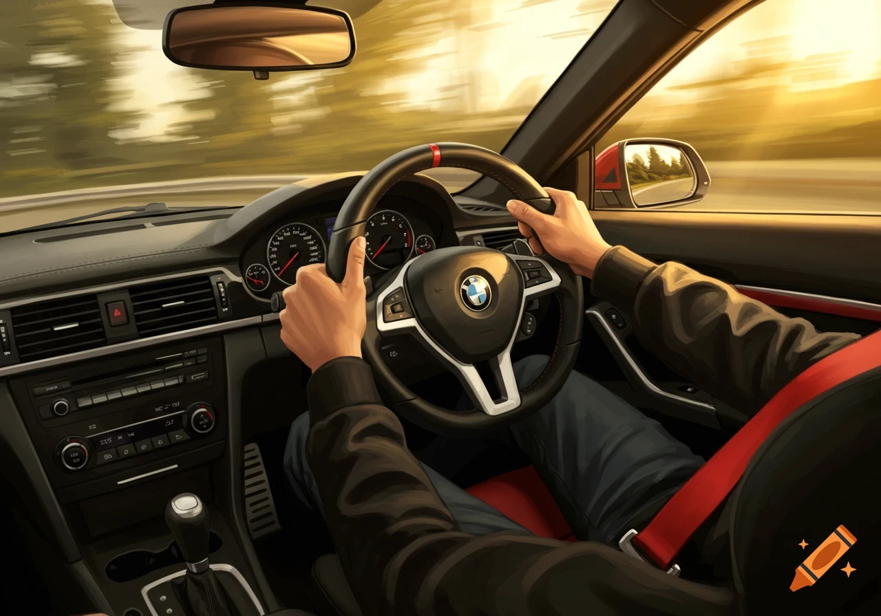 Illustration of a driver's perspective inside a BMW, hands on the steering wheel, with a blurred road visible through the windshield.