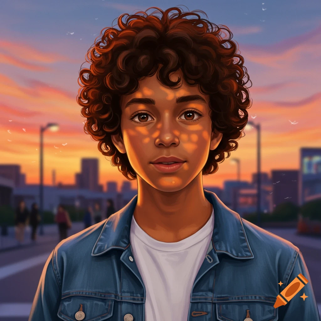 A portrait of a young teenage boy with curly brown hair and caramel skin, wearing a denim jacket, standing in a city at sunset.