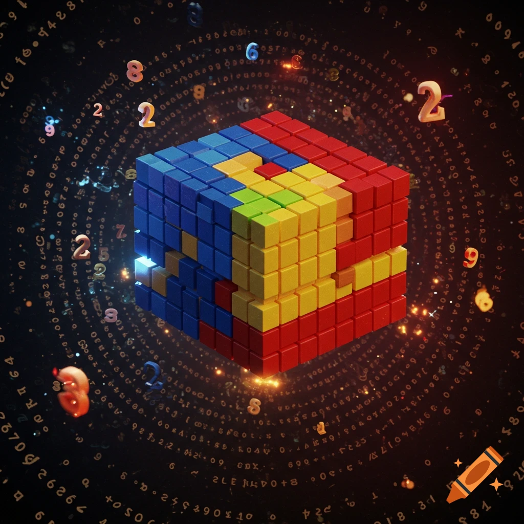 A colorful cube composed of smaller blocks, primarily blue, yellow, and red, floats in a dark, abstract space filled with glowing numbers and intricate data-like patterns.