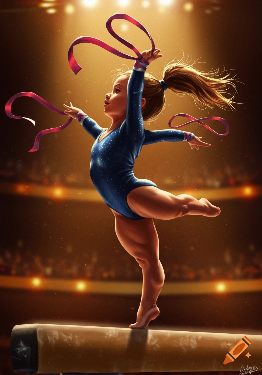 A young gymnast in a blue leotard balances on a beam, holding flowing pink ribbons, under bright spotlights.