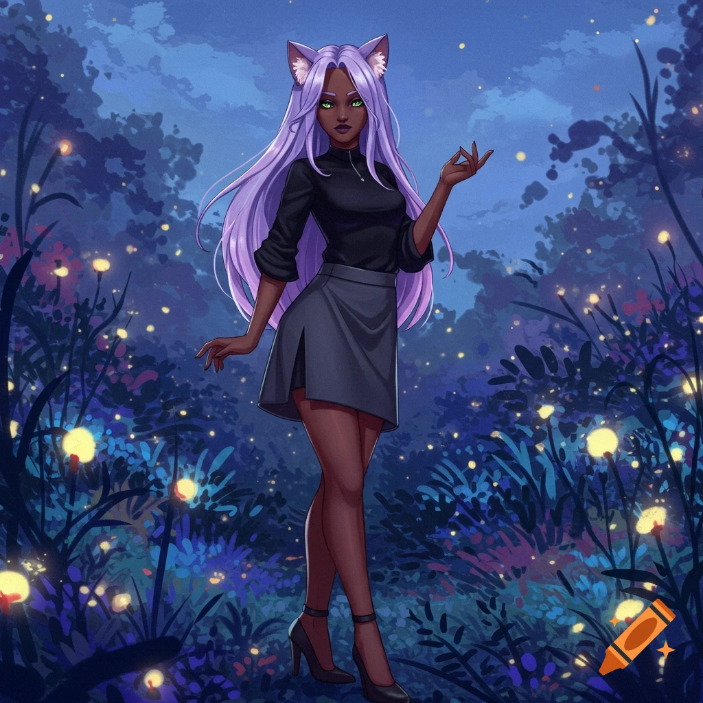 An anime-style dark-skinned woman with lavender hair and cat ears in a black shirt and grey skirt stands in a glowing magical forest.