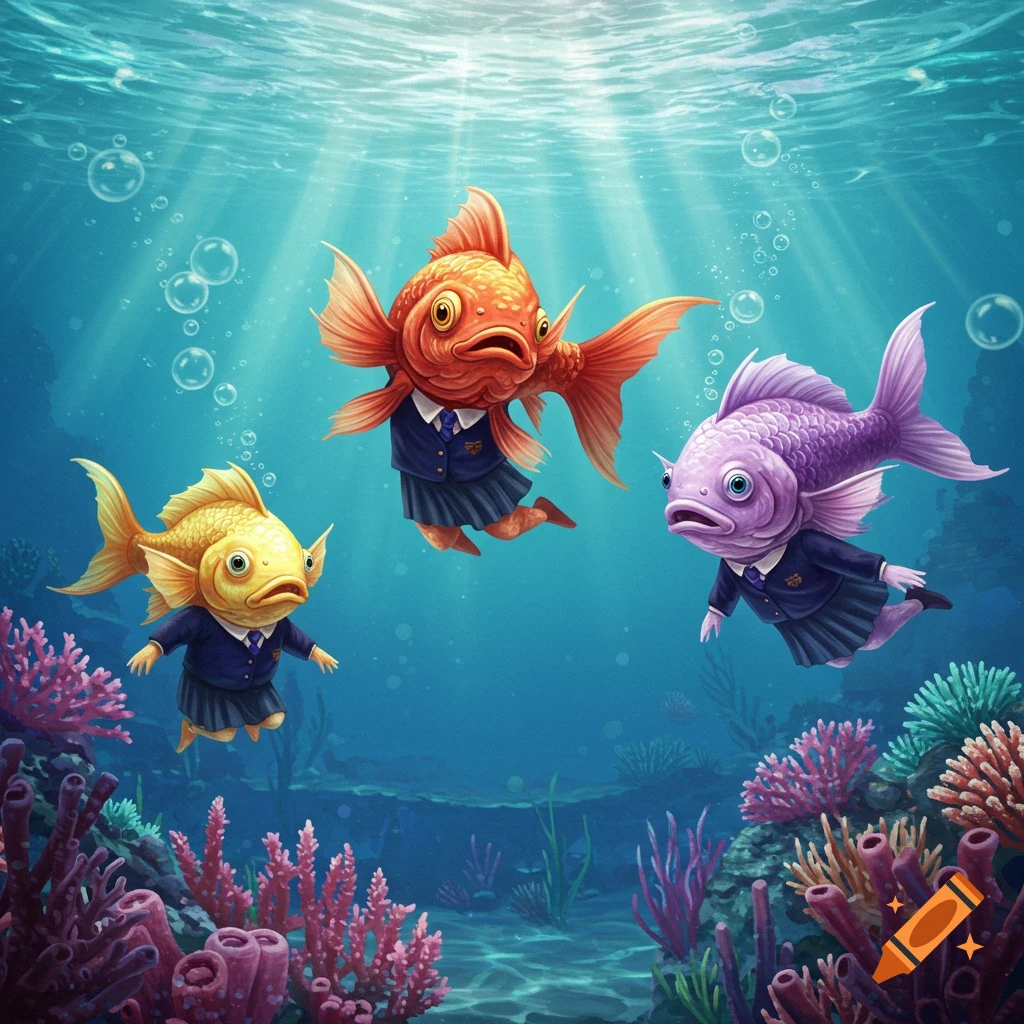 Three cartoon fish in school uniforms, a red, a yellow, and a purple one, swim underwater amidst coral and sunlight.