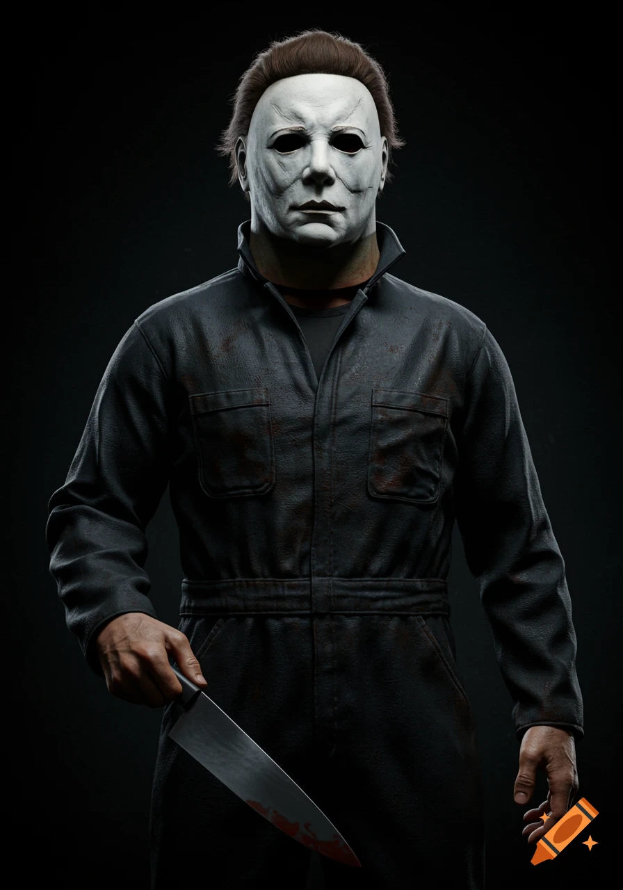 A photorealistic render of Michael Myers in a dark jumpsuit and white mask, holding a blood-stained knife against a black background.