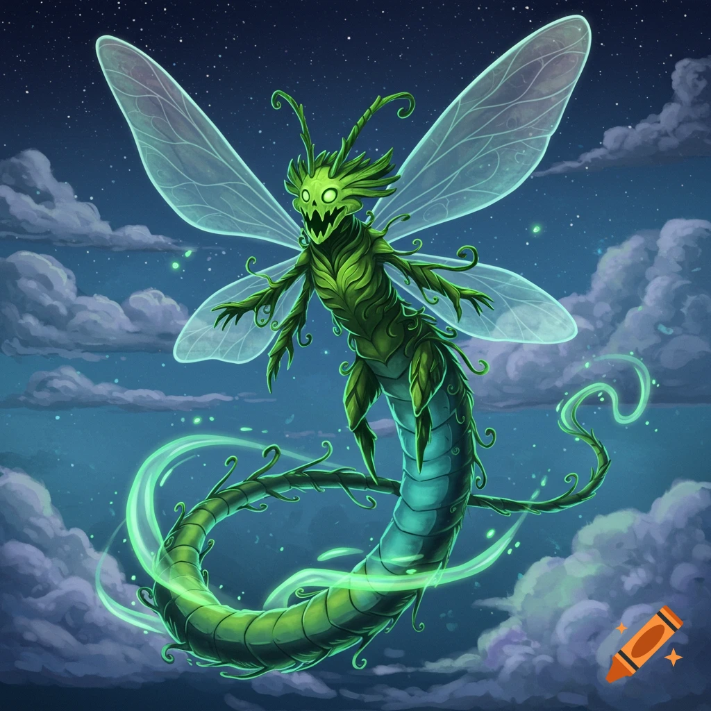 A green winged monster with glowing eyes and a segmented tail floats in a starry night sky with clouds.