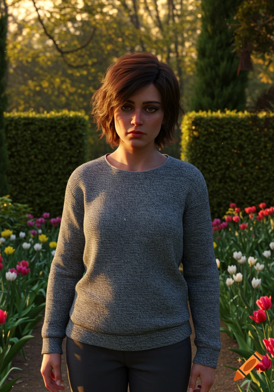 A woman with short brown hair wearing a gray sweater stands in a sunlit garden with colorful tulips.