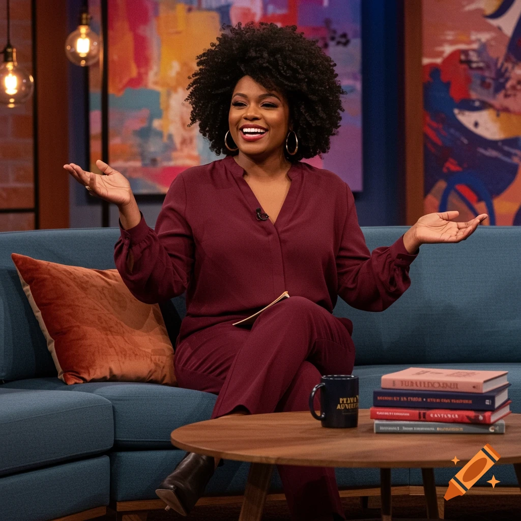 A smiling Black woman talk show host with curly hair sits on a blue couch, gesturing with her hands.