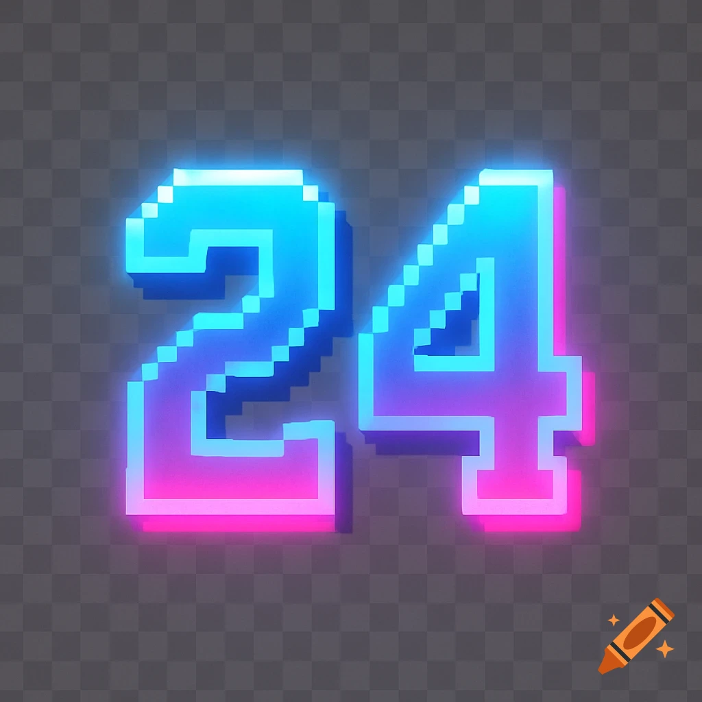 The number 24 rendered in glowing blue and pink pixel art against a transparent background.
