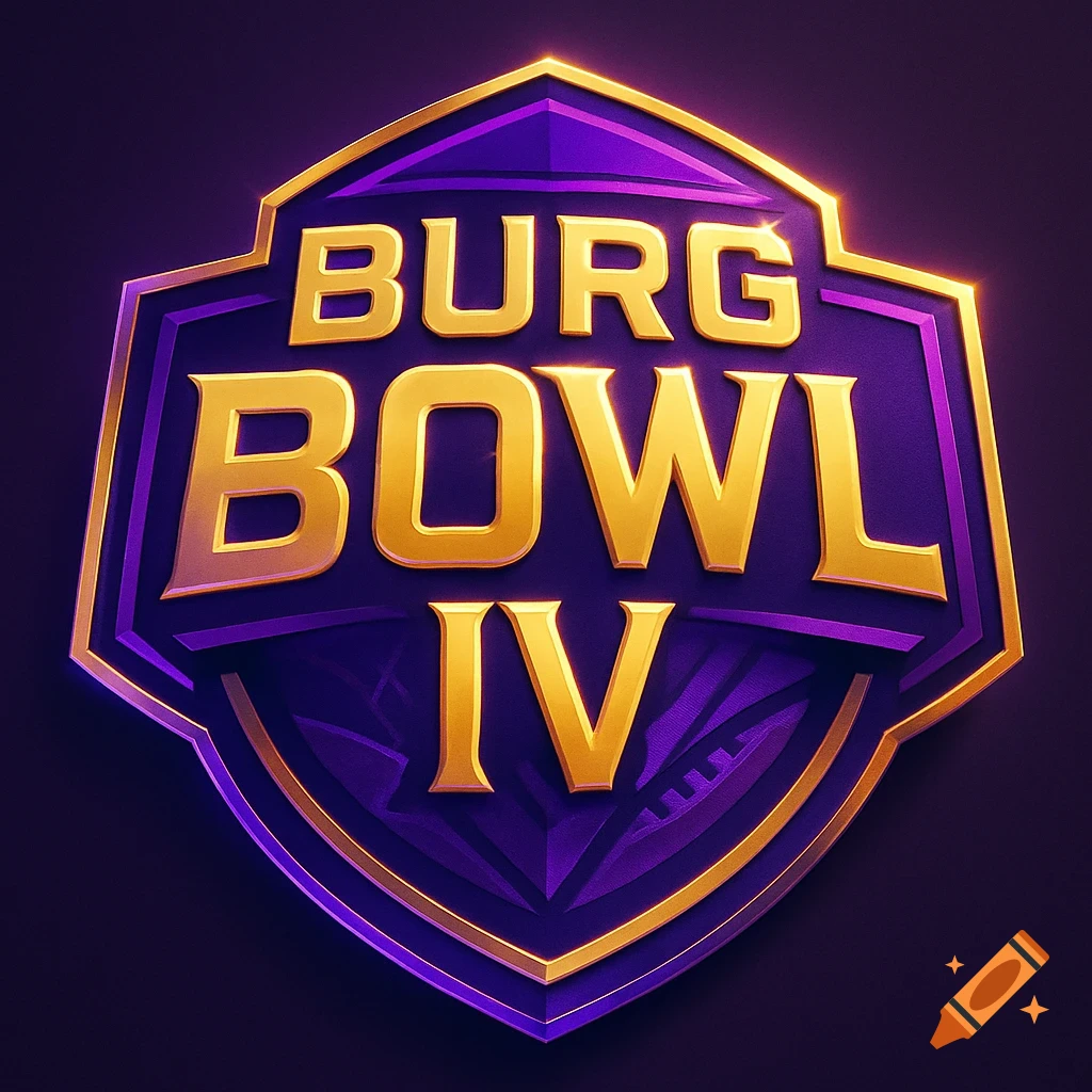 A purple and gold shield-shaped logo with the words 'BURG BOWL IV' in bold, golden letters.