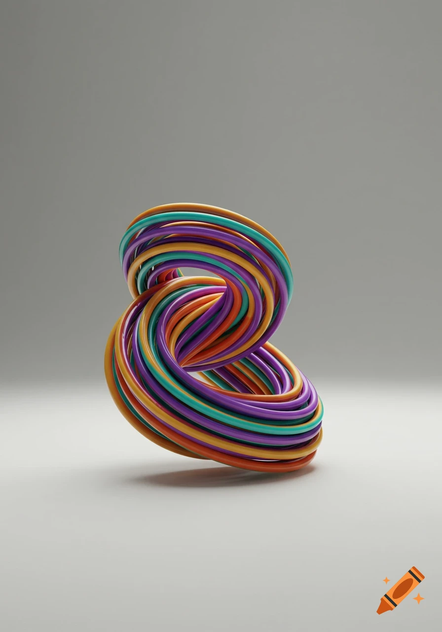 A colorful, intertwined abstract 3D object on a grey background.