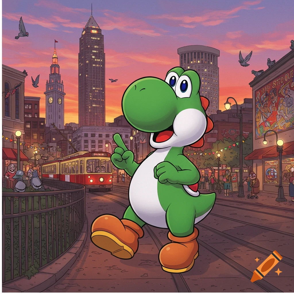 A cartoon Yoshi walks on a city street at sunset, with tall buildings, a tram, and pigeons in the background.