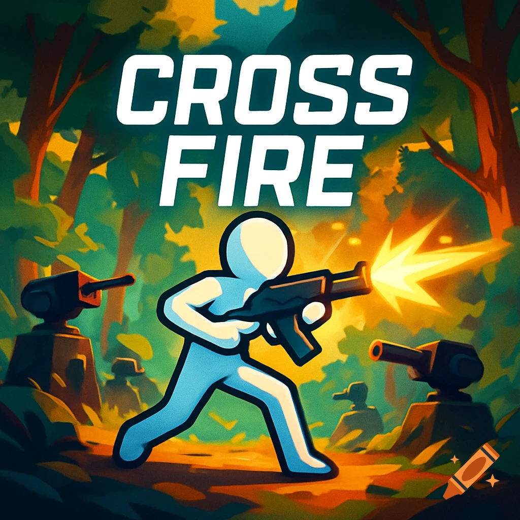 A stylized cartoon game thumbnail for 'CROSS FIRE' showing a white stick figure shooting a gun at turrets in a forest.