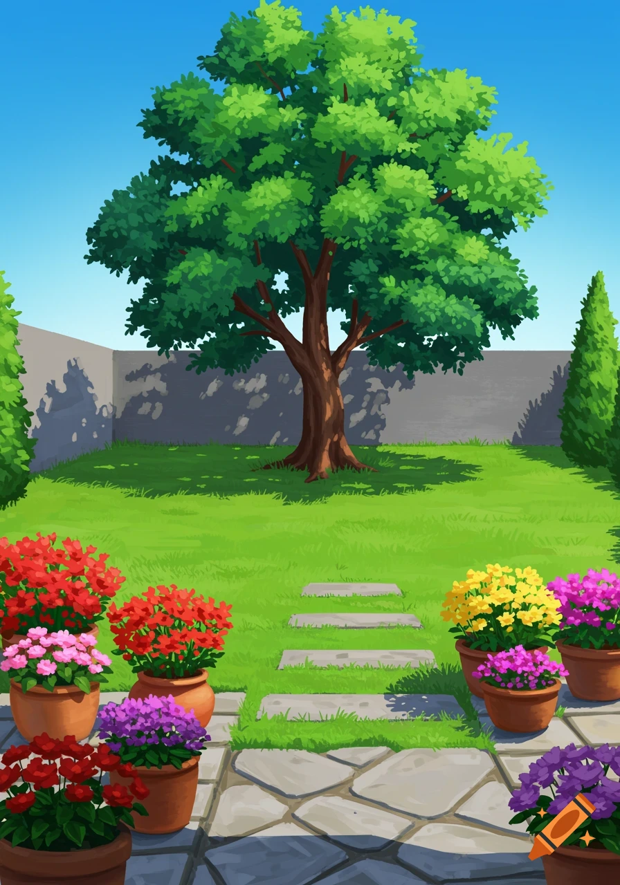 A front view illustration of a vibrant backyard garden with a large tree, a stone pathway, and colorful potted flowers.