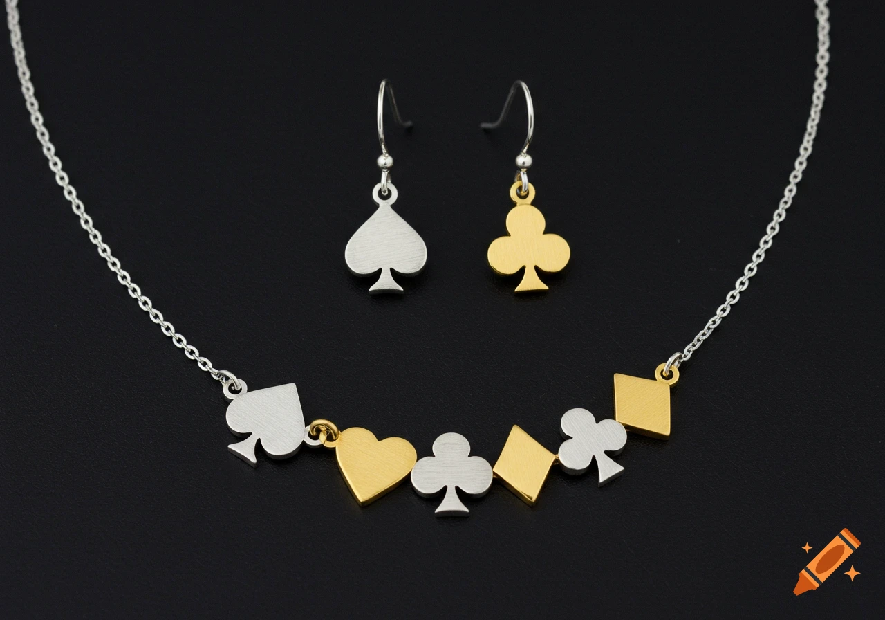 A silver necklace and matching earrings featuring gold and silver charms shaped like playing card suits (spade, heart, club, diamond) on a black background.