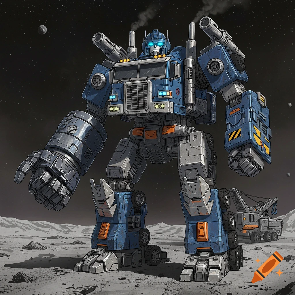 A massive blue and gray truck-transformer robot stands on a cratered, moon-like surface under a dark, star-filled sky.