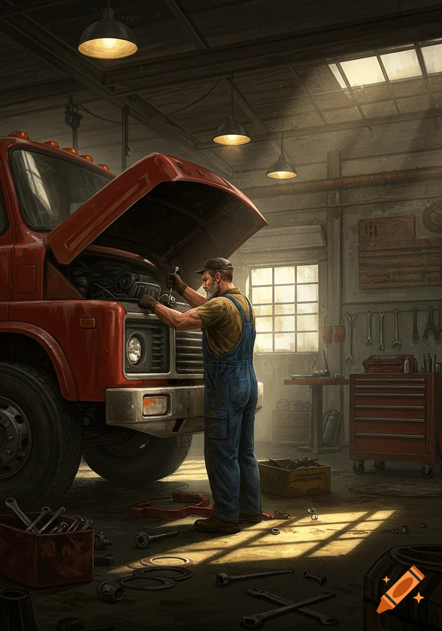 A man in overalls works on the engine of a red truck inside a dimly lit garage filled with tools, a painterly style.