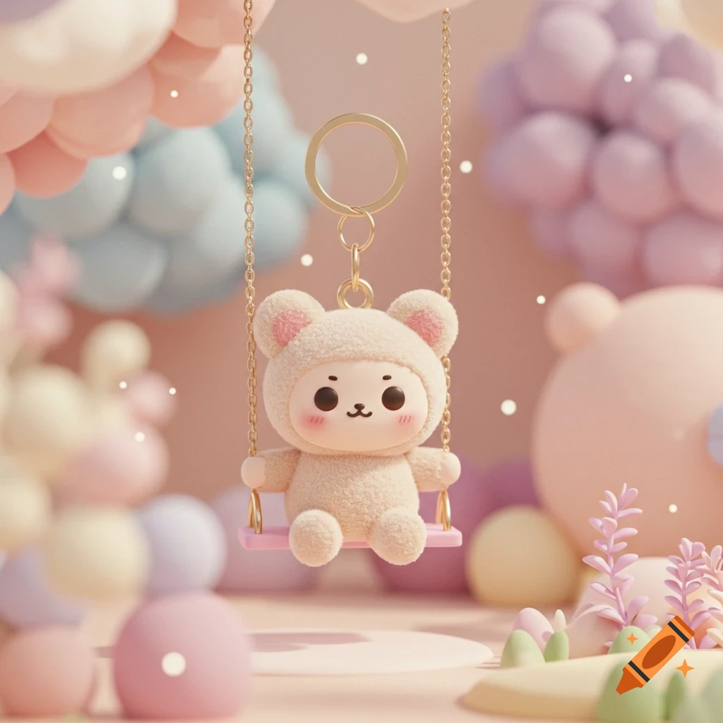 A cute plush bear-like keychain with a keyring swings on a pink swing in a dreamy pastel setting.