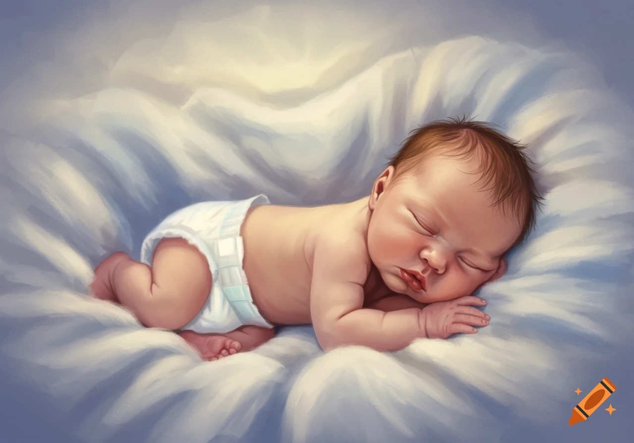 An illustration of a newborn baby wearing a diaper, sleeping peacefully on a soft white blanket.