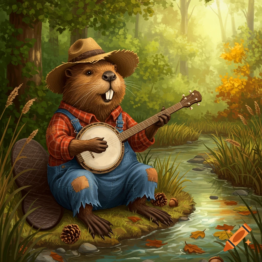 A cartoon beaver wearing a straw hat and overalls sits by a stream in a sunny forest, playing a banjo.