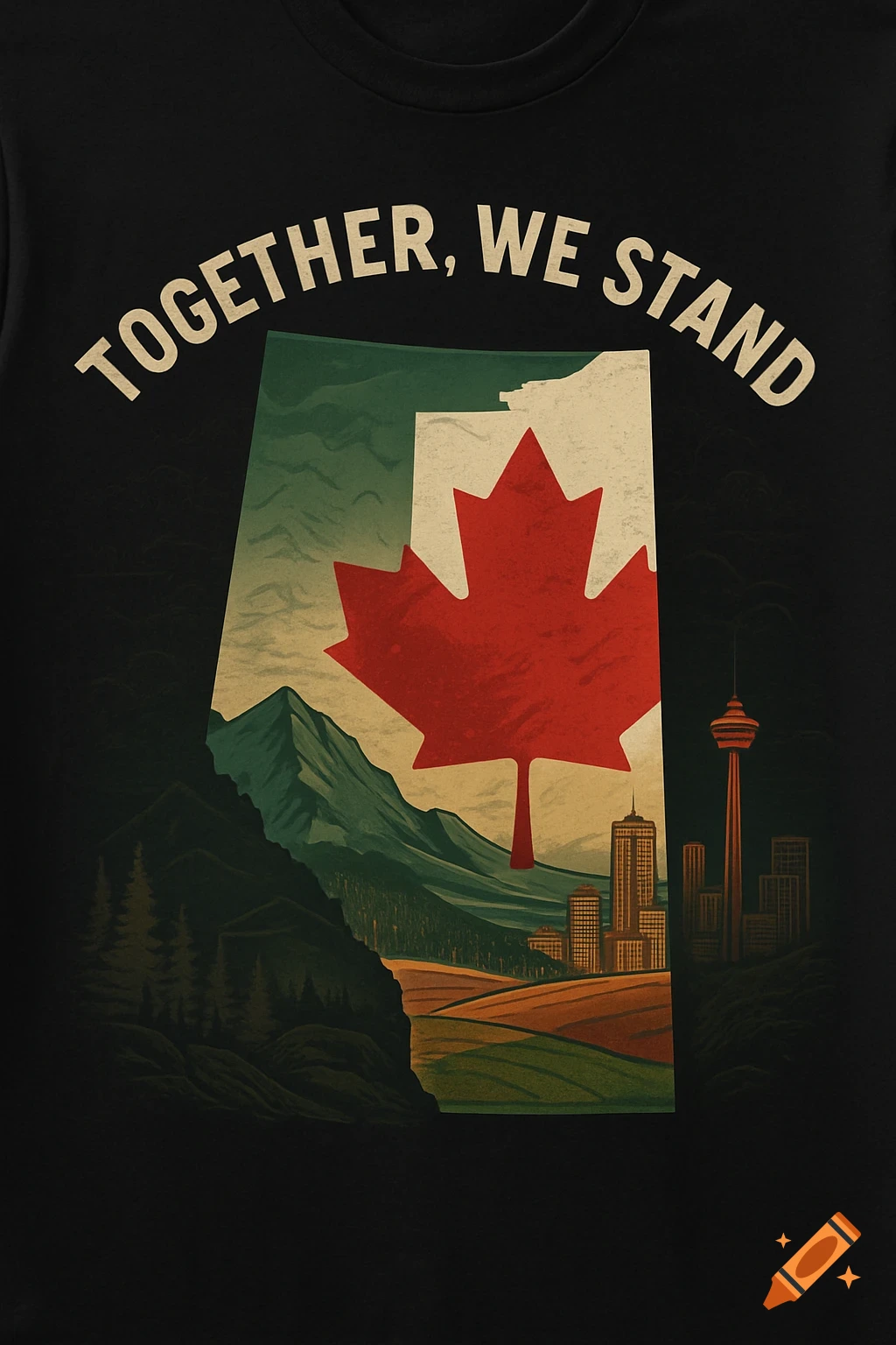 Stylized illustration on a black t-shirt depicting the outline of Alberta, Canada, with a maple leaf, mountains, and a city skyline, above the text 'TOGETHER, WE STAND'.