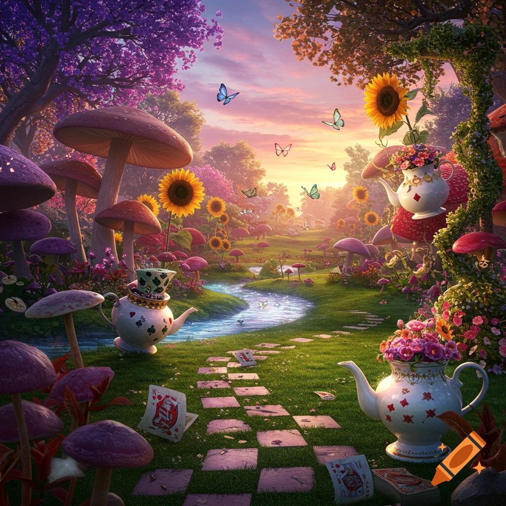 A whimsical fantasy garden with giant purple mushrooms, sunflowers, a stream, and ornate teapots with scattered playing cards under a colorful sunset sky.