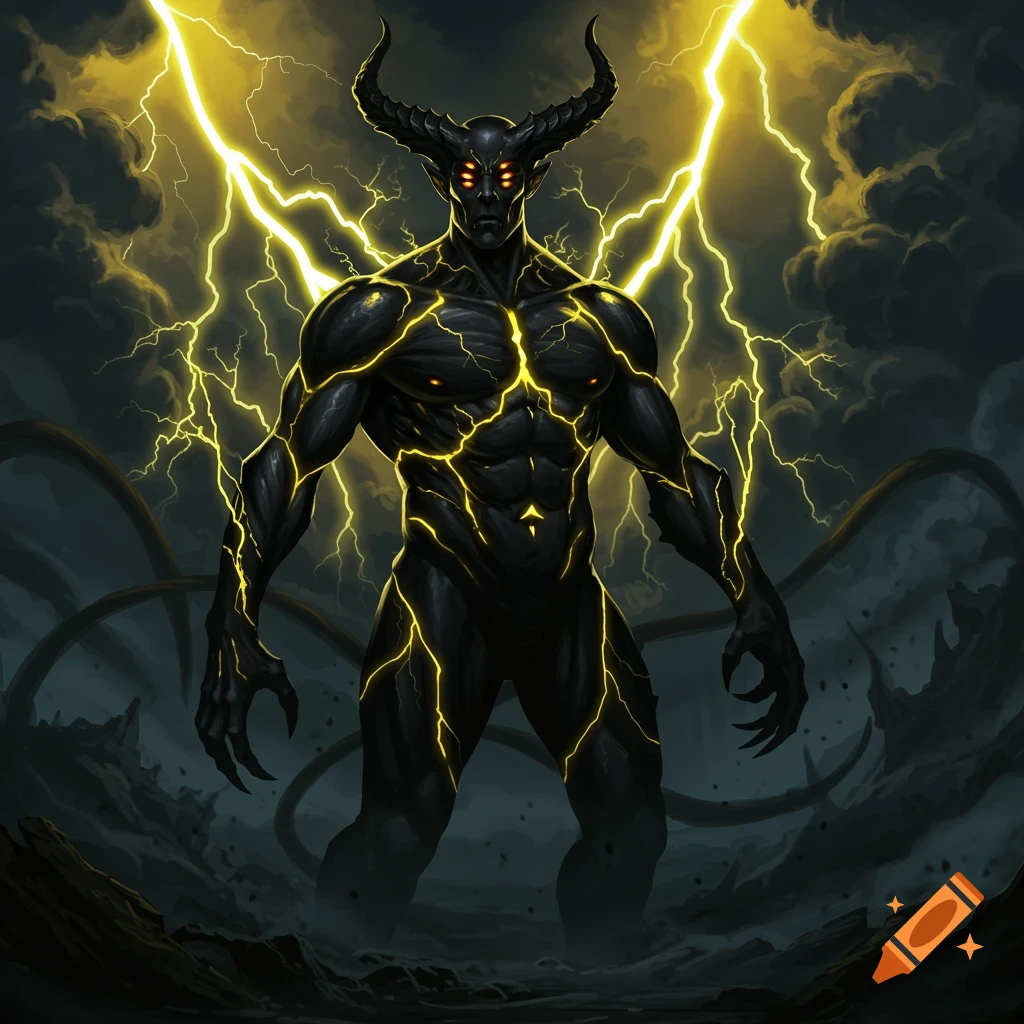 A powerful black demon with four glowing red eyes and large horns, covered in crackling yellow lightning, stands in a desolate, stormy landscape.
