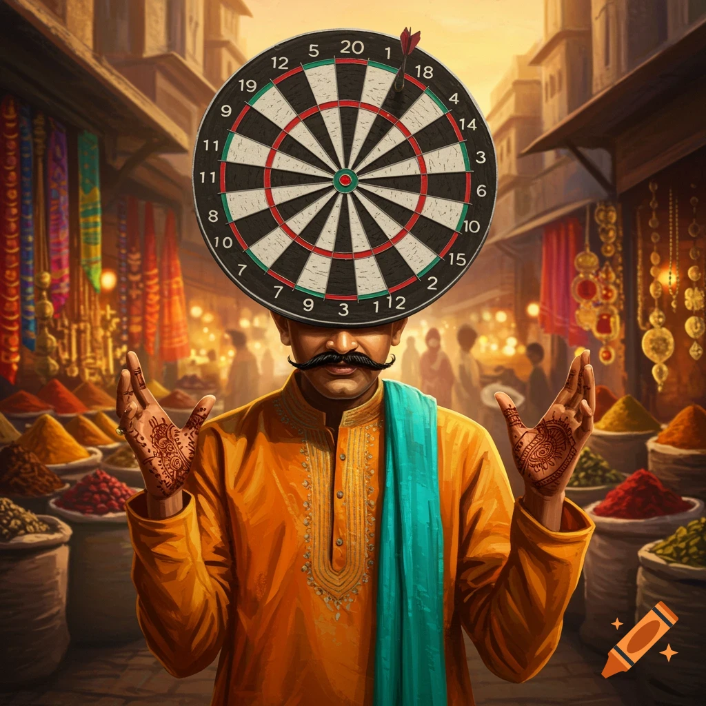 An Indian man with a large dartboard as a hat stands in a vibrant spice market, holding his hands up. The dartboard has a dart stuck in it. Photorealistic style.