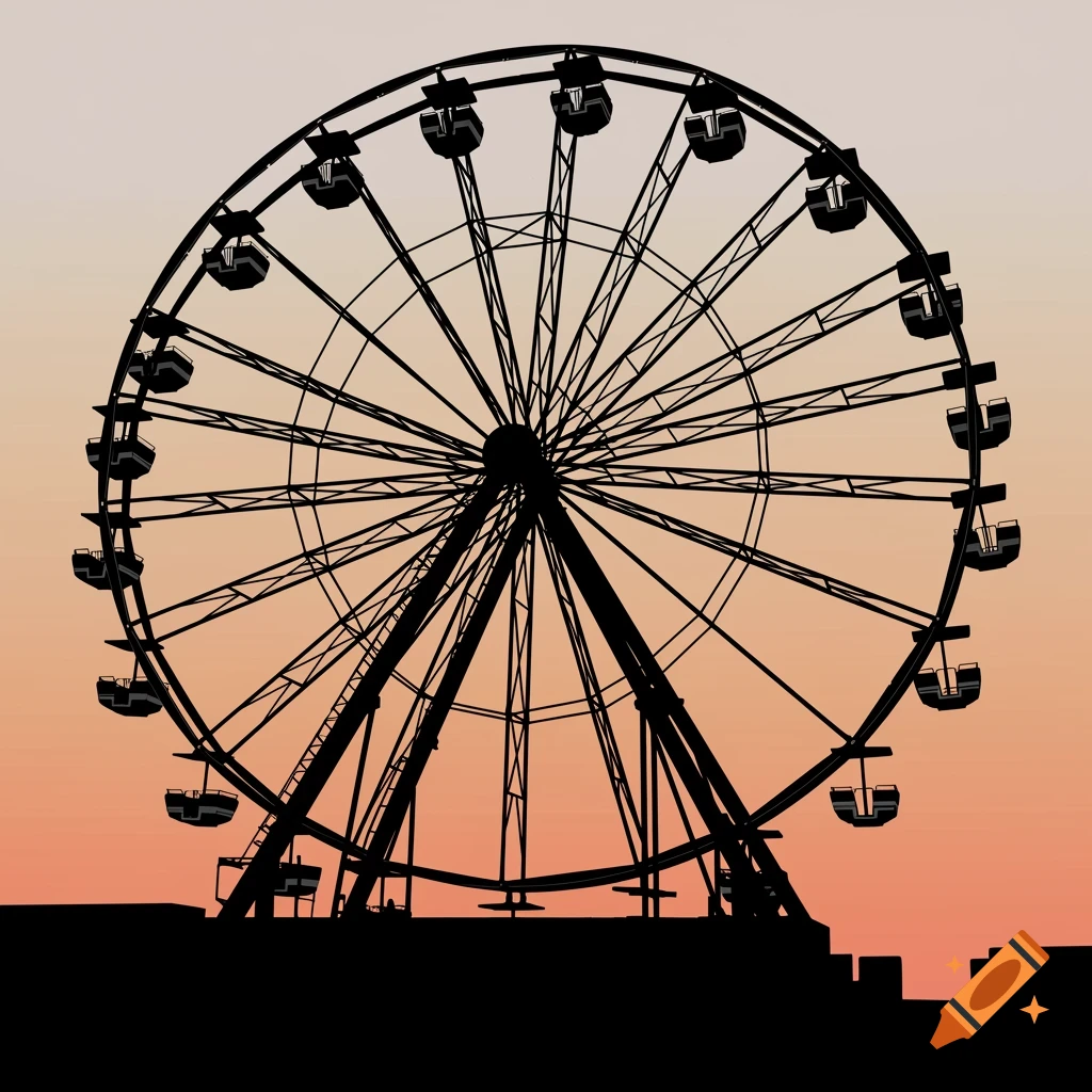 A black silhouette of a large Ferris wheel against a warm orange and yellow gradient sky.