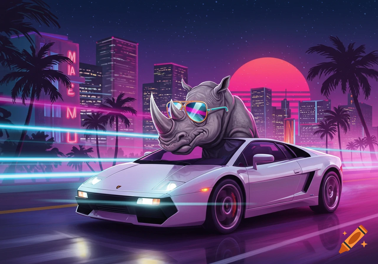 Cartoon rhino in aviator shades drives a white Lamborghini down a neon-lit street in a synthwave city at sunset.