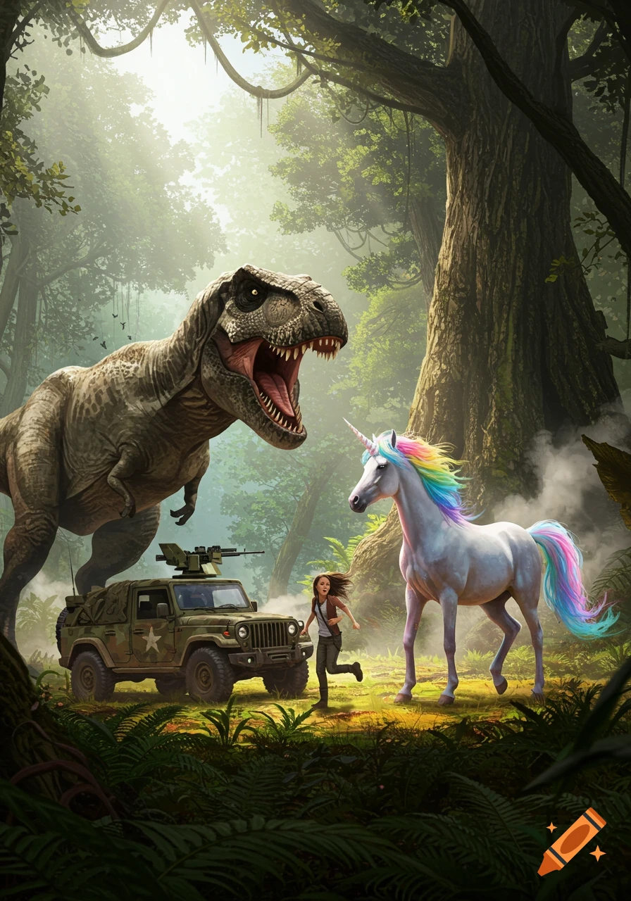 A large T-Rex roars at a rainbow unicorn in a dense jungle as a girl runs towards a military jeep.