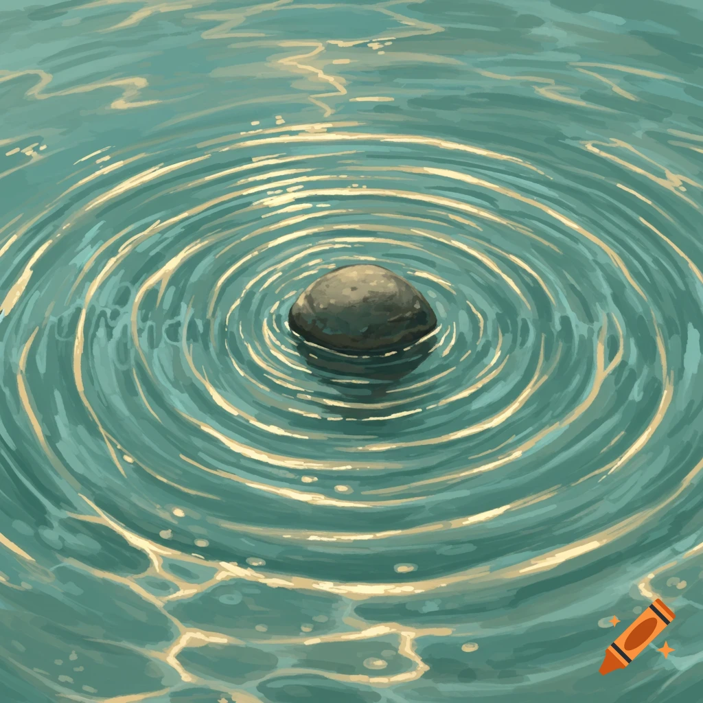 A close-up, top-down view of a dark rock in tranquil teal water, with golden light reflecting on concentric ripples, in a painterly style.