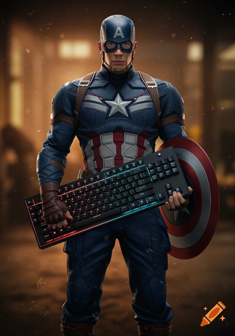 Captain America in his suit holds a gaming keyboard with RGB lights and his shield, looking at the camera against a blurry background.