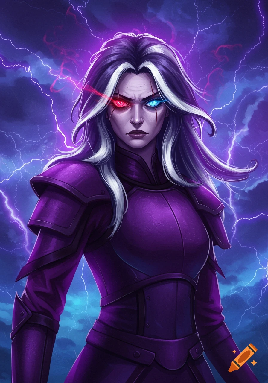 A powerful female warrior with purple and white hair, glowing red and blue eyes, in purple armor against a stormy, lightning-filled sky.