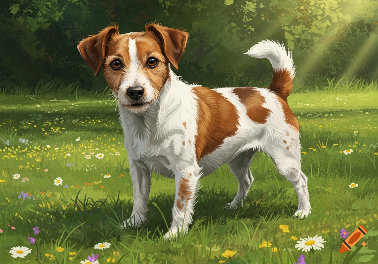 A brown and white Jack Russell and Brittany Spaniel mix dog stands in a sunny green field with small wildflowers.