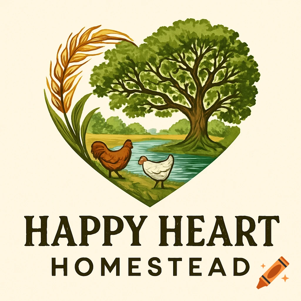 An illustrated heart-shaped logo featuring a tree, river, wheat, and chickens, with 'HAPPY HEART HOMESTEAD' text below.