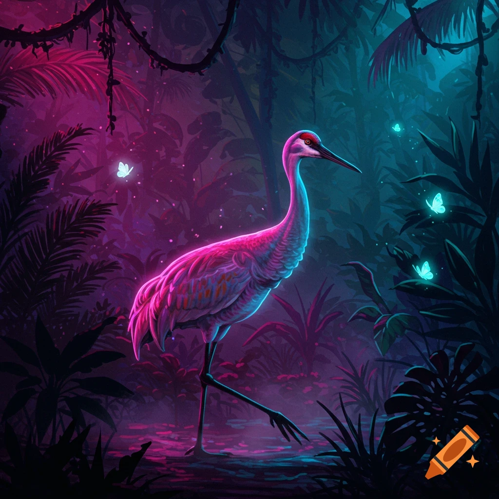 A vibrant neon pink and blue sandhill crane walks through a dark, glowing jungle with luminous butterflies.