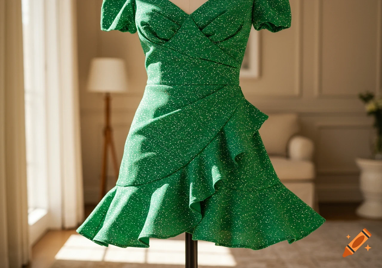 A short green dress with white speckles and a ruffled skirt on a mannequin in a room.