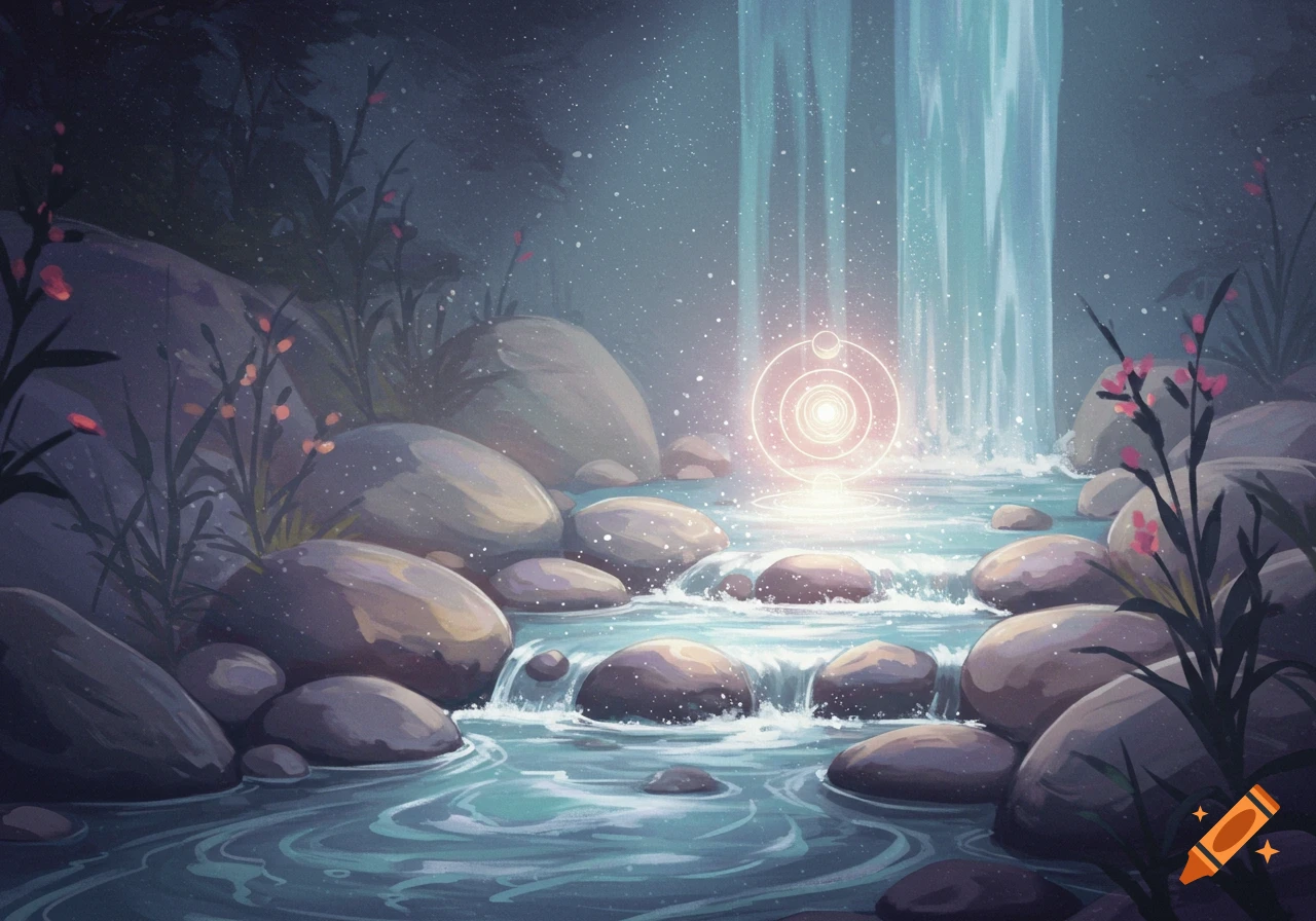 A glowing, intricate orb radiates light in a mystical, dreamy waterfall scene with dark rocks and flowing water.