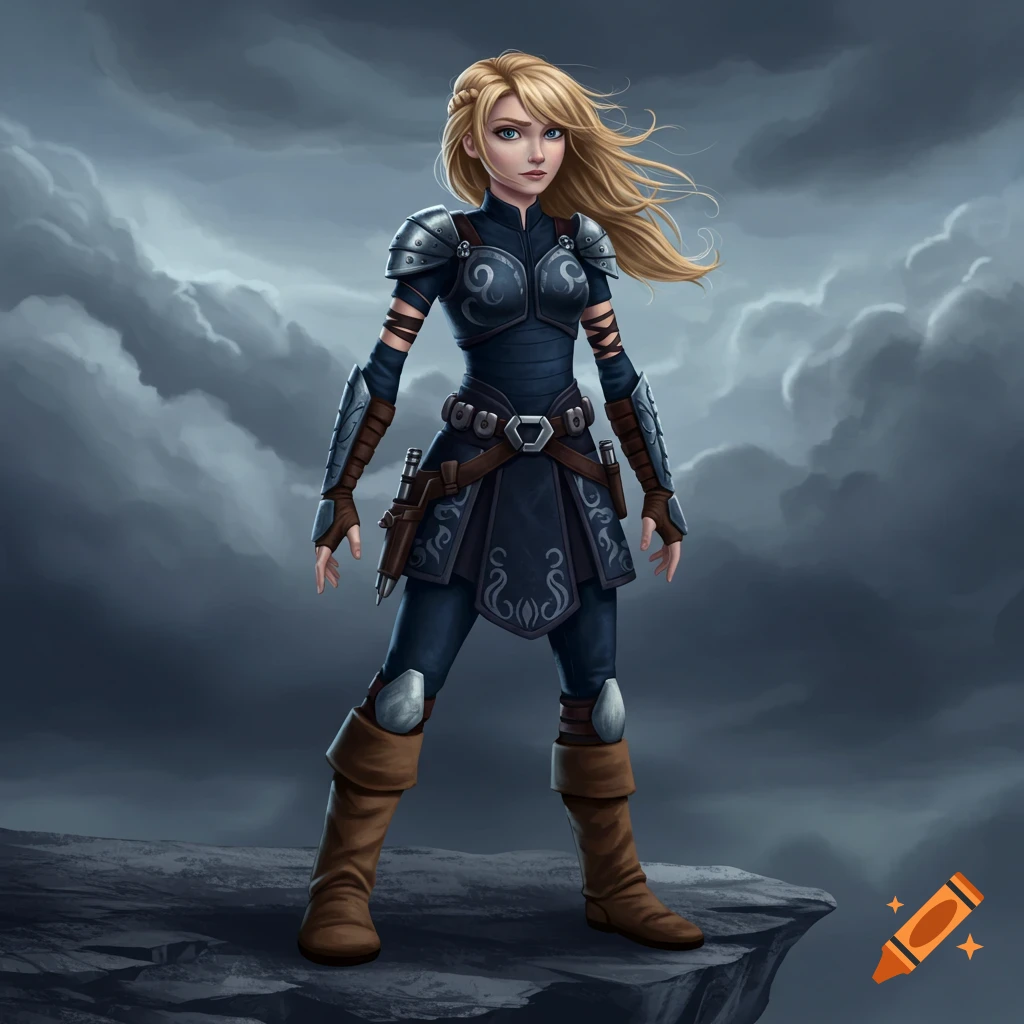 A blonde female fantasy warrior in blue armor stands on a rocky cliff under a cloudy sky.