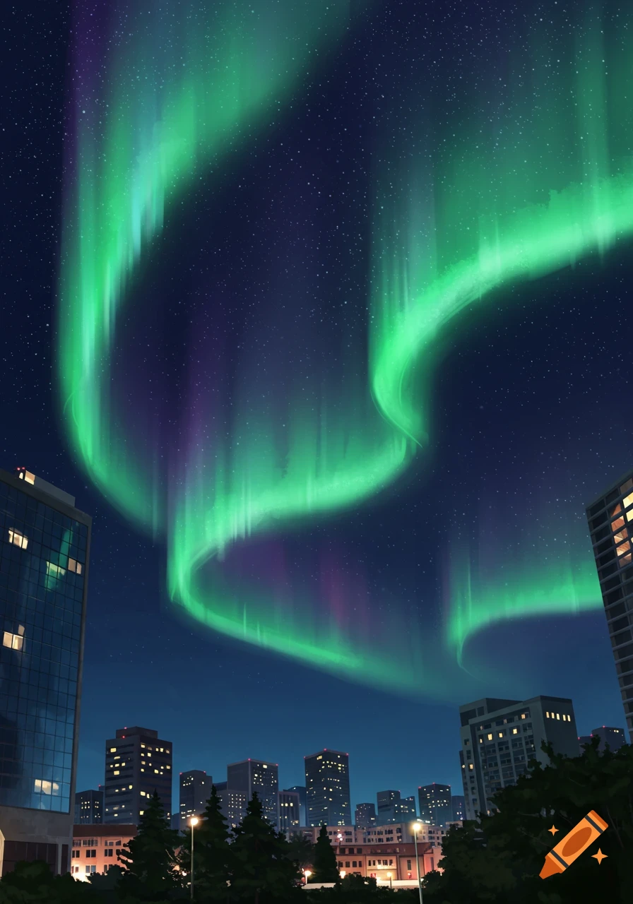 Stylized illustration of vibrant green and purple aurora borealis over a dark city skyline at night.