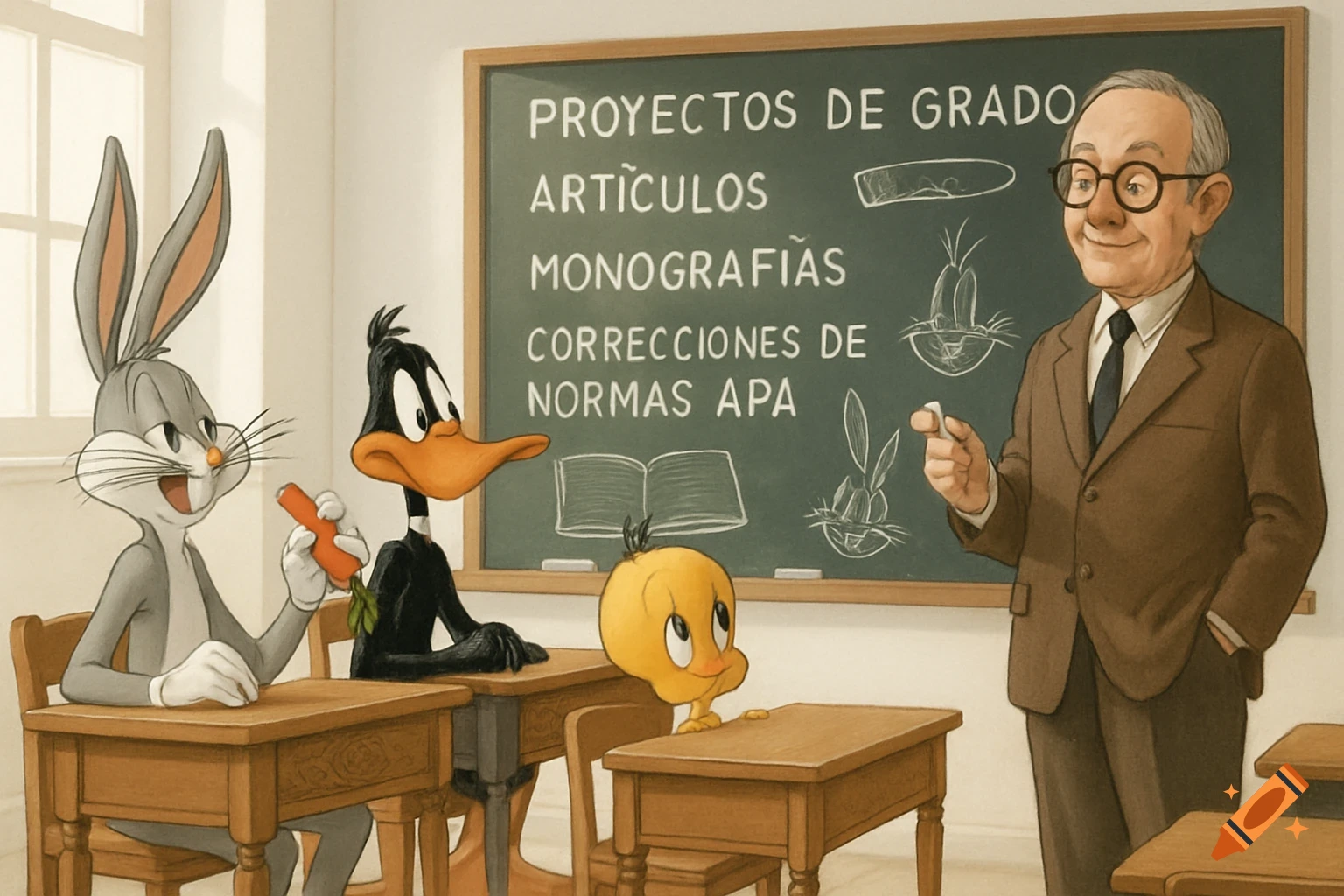Bugs Bunny, Daffy Duck, and Tweety Bird are students in a bright classroom with a human teacher standing at a blackboard with text.
