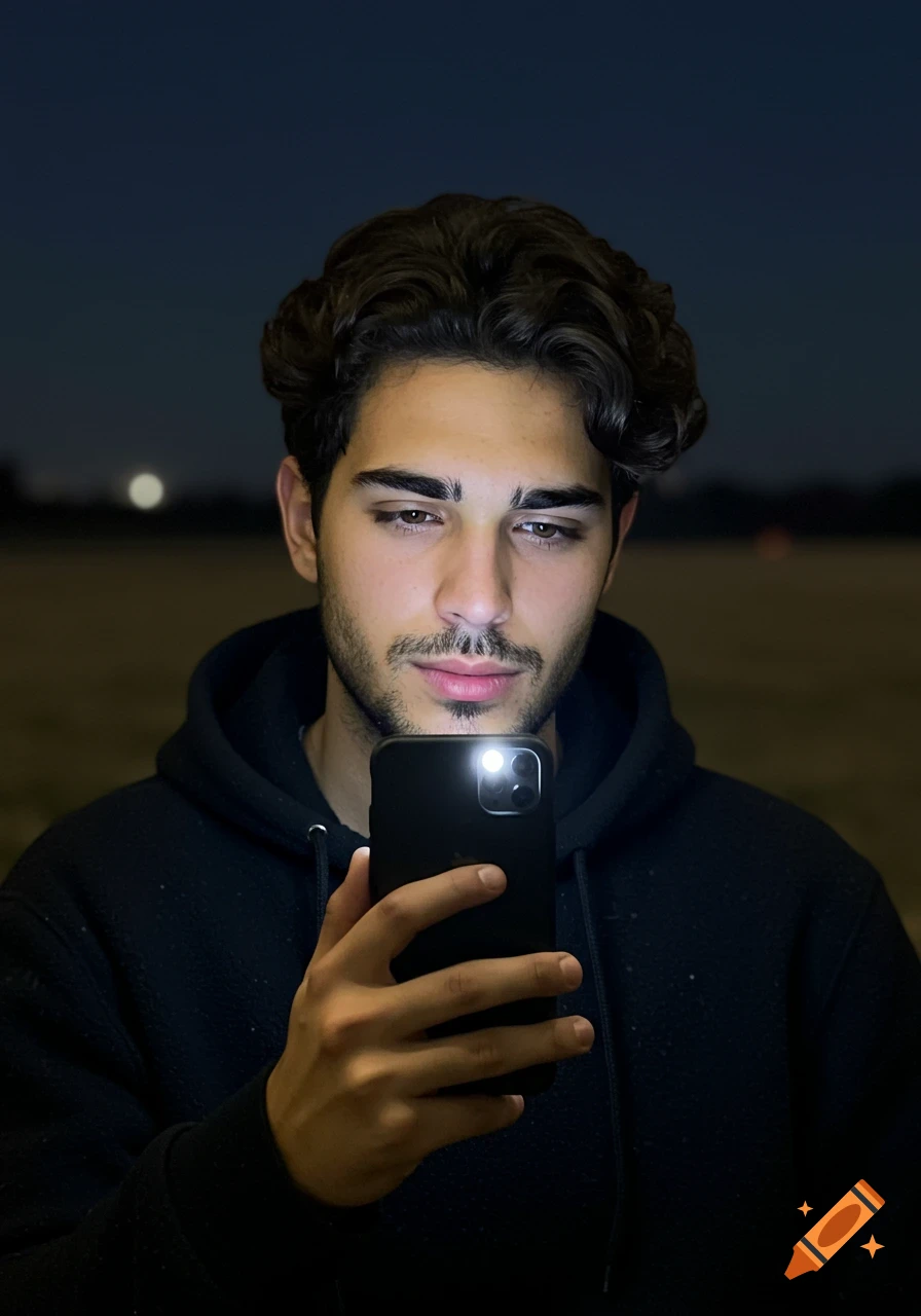 A young man with dark wavy hair and stubble takes a photorealistic selfie in the dark, illuminated by his smartphone's flash.