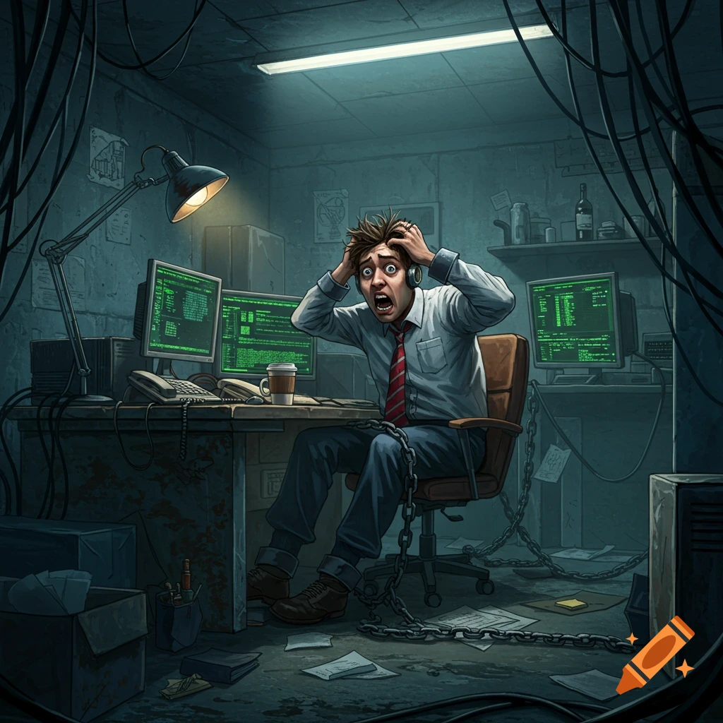 A distraught man with wild hair and headphones, chained to a desk, clutches his head in a messy, wire-filled room with glowing green computer screens.