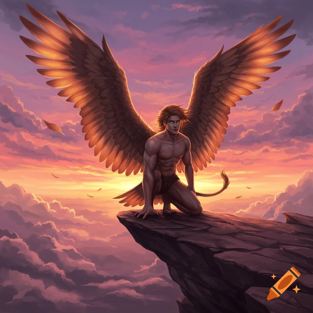 A mythical winged man with lion haunches and a tail crouches on a rock at sunset above clouds.