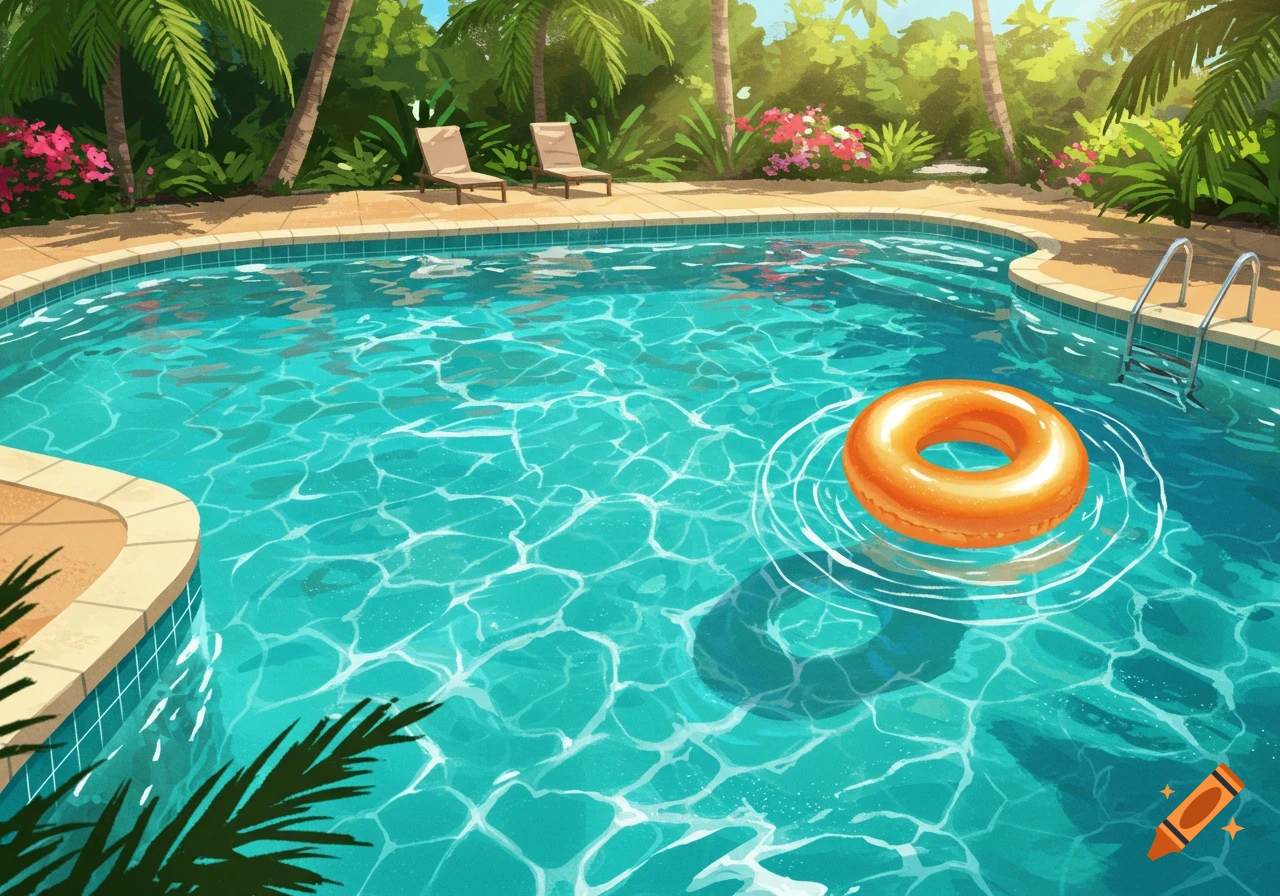 A vibrant cartoon illustration of a sunlit swimming pool with an orange inflatable float and palm trees.