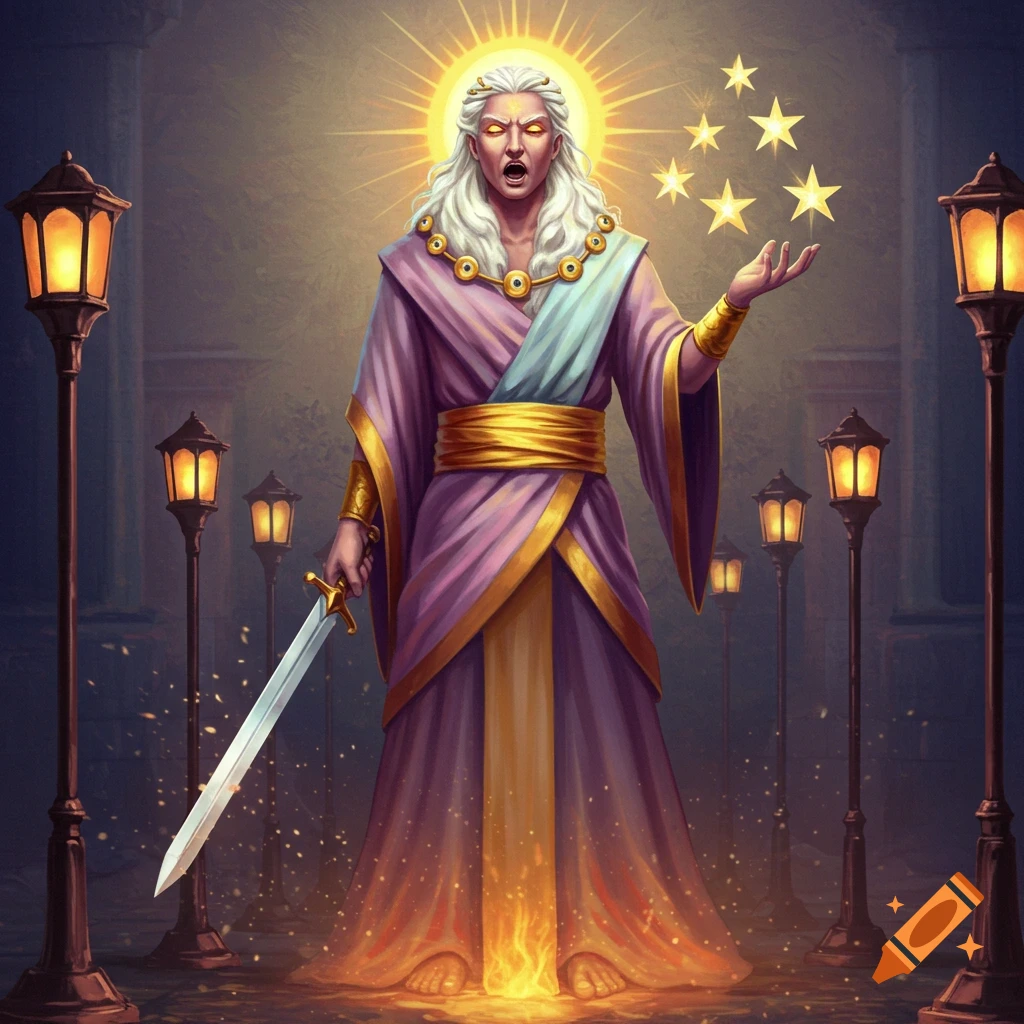 A powerful man with white hair, glowing eyes, and a sun halo, wearing a purple and gold robe, holding a sword, with stars floating near his hand, standing among glowing lampstands.