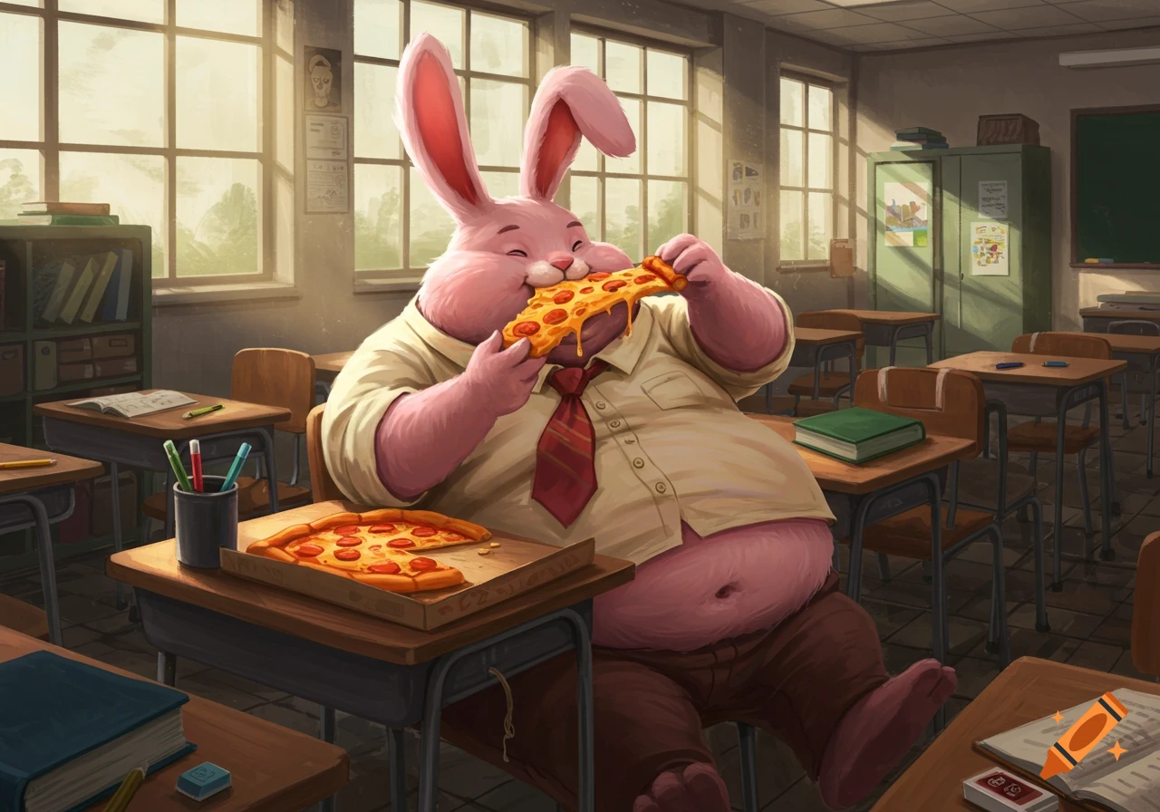 A fat pink rabbit in a shirt and tie happily eats a slice of pizza from a box in a school classroom.